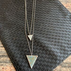 Silver Long Layered Necklace With Beaded Triangles
